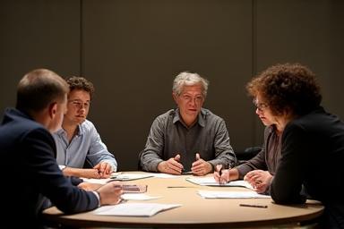 Group discussing media ethics around a table