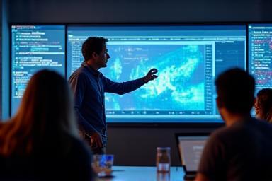 Instructor explaining data visualization on a screen